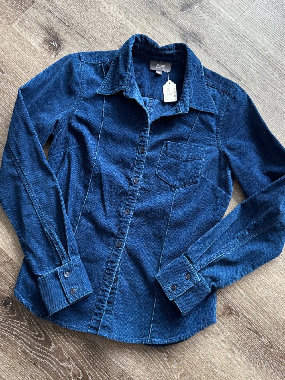 Vintage 90s Jacob Corduroy Shirt | Blue Preppy Tapered Button Up Blazer S